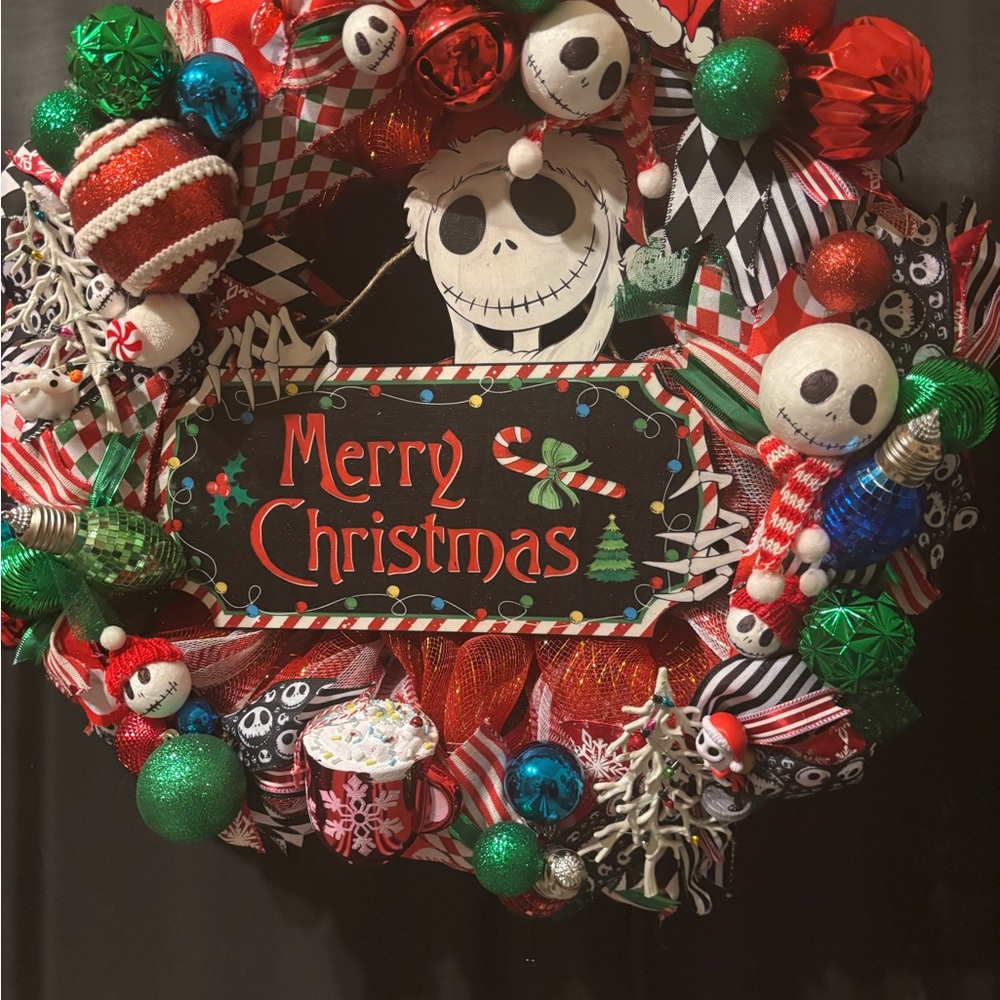 Festive  XLNightmare Before  Christmas Wreath with Red, Green, and Black Accents